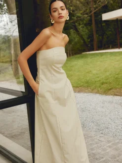 Online Cotton & Linen Shirred Pocket Long Dress Casual Dresses|Vacation Dresses