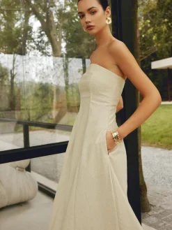 Online Cotton & Linen Shirred Pocket Long Dress Casual Dresses|Vacation Dresses