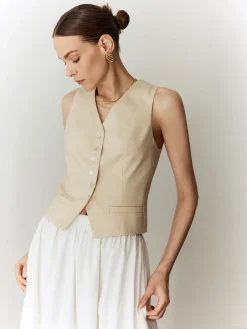 Hot Cotton & Linen Solid V-Neck Vest Outerwear|Vests