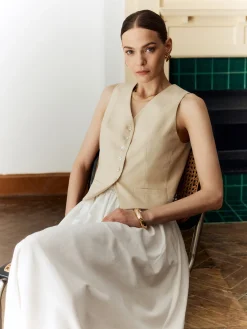 Hot Cotton & Linen Solid V-Neck Vest Outerwear|Vests
