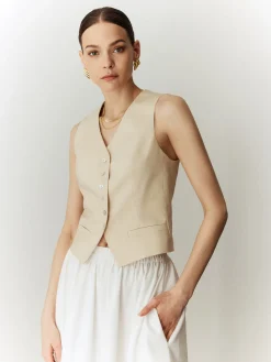 Hot Cotton & Linen Solid V-Neck Vest Outerwear|Vests