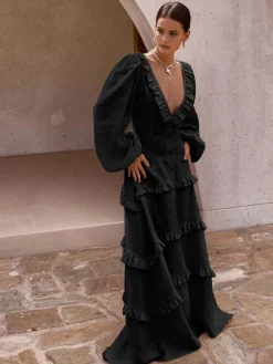 Discount Cotton & Linen V-Neck Ruffle Trim Long Dress Black Dresses|Casual Dresses