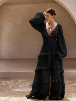 Discount Cotton & Linen V-Neck Ruffle Trim Long Dress Black Dresses|Casual Dresses