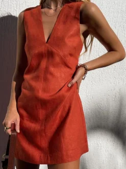 Sale Cotton & Linen V-Neck Short Dress Black Dresses|Casual Dresses