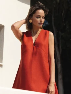 Sale Cotton & Linen V-Neck Short Dress Black Dresses|Casual Dresses