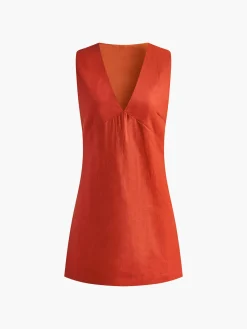 Sale Cotton & Linen V-Neck Short Dress Black Dresses|Casual Dresses