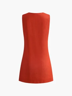 Sale Cotton & Linen V-Neck Short Dress Black Dresses|Casual Dresses
