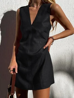 Sale Cotton & Linen V-Neck Short Dress Black Dresses|Casual Dresses