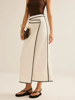 Clearance Cotton & Linen Wave Trim Midi Skirt Skirts|Bottoms