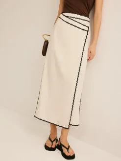 Clearance Cotton & Linen Wave Trim Midi Skirt Skirts|Bottoms