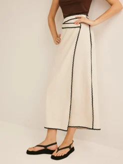 Clearance Cotton & Linen Wave Trim Midi Skirt Skirts|Bottoms