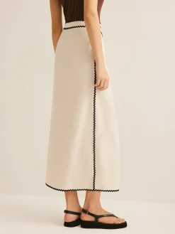 Clearance Cotton & Linen Wave Trim Midi Skirt Skirts|Bottoms