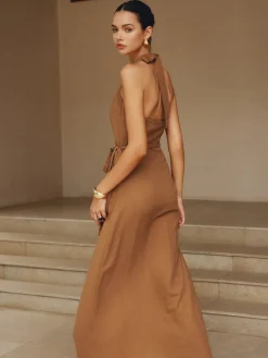 Online Cotton & Linen Wrap Halter Knotted Long Dress Casual Dresses|Vacation Dresses