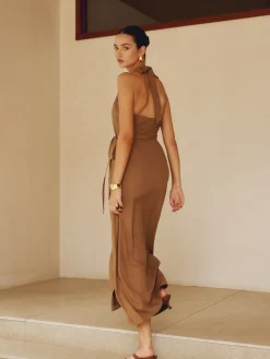 Online Cotton & Linen Wrap Halter Knotted Long Dress Casual Dresses|Vacation Dresses