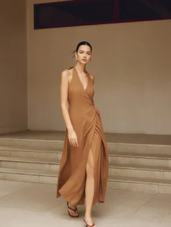 Online Cotton & Linen Wrap Halter Knotted Long Dress Casual Dresses|Vacation Dresses