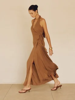 Online Cotton & Linen Wrap Halter Knotted Long Dress Casual Dresses|Vacation Dresses