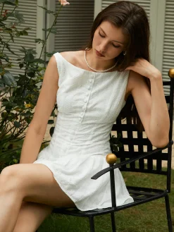 Clearance Cotton Backless Button-Front Short Dress White Dresses|Casual Dresses