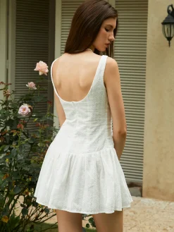 Clearance Cotton Backless Button-Front Short Dress White Dresses|Casual Dresses