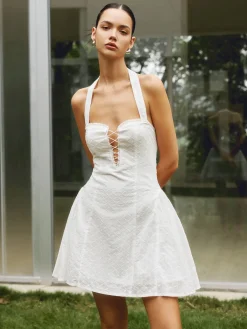Hot Cotton Backless Tie Up Halter Short Dress White Dresses|Vacation Dresses