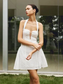 Hot Cotton Backless Tie Up Halter Short Dress White Dresses|Vacation Dresses