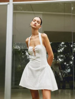 Hot Cotton Backless Tie Up Halter Short Dress White Dresses|Vacation Dresses