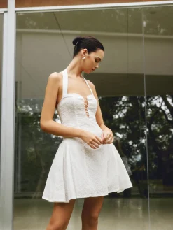 Hot Cotton Backless Tie Up Halter Short Dress White Dresses|Vacation Dresses