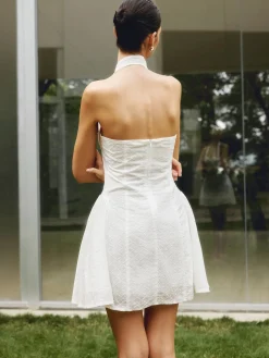 Hot Cotton Backless Tie Up Halter Short Dress White Dresses|Vacation Dresses
