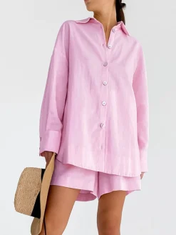 Clearance Cotton Beach Two Piece Shorts Set Matching Sets