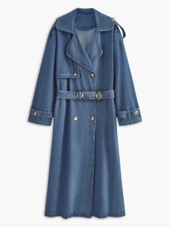 Hot Cotton Belted Denim Trench Coat Denim|Outerwear