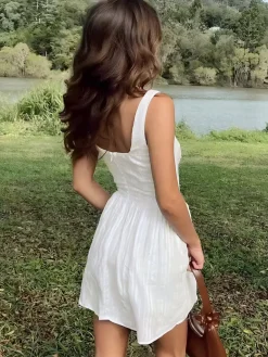 Hot Cotton Blend Solid Square Neckline Short Dress White Dresses|Black Dresses