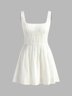Hot Cotton Blend Solid Square Neckline Short Dress White Dresses|Black Dresses