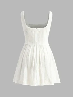Hot Cotton Blend Solid Square Neckline Short Dress White Dresses|Black Dresses