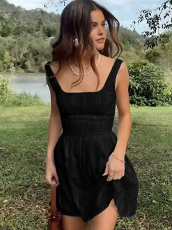 Hot Cotton Blend Solid Square Neckline Short Dress White Dresses|Black Dresses