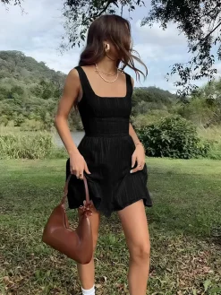 Hot Cotton Blend Solid Square Neckline Short Dress White Dresses|Black Dresses