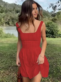 Hot Cotton Blend Solid Square Neckline Short Dress Casual Dresses|Vacation Dresses