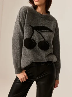 Discount Cotton Blends Cherry Printed Pullover Sweater Sweater Tops|Sweaters & Cardigans