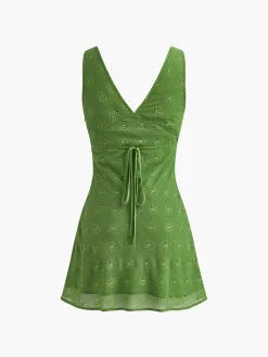 Sale Cotton Blends Drawstring V-Neck Dress Work Dresses|Vacation Dresses
