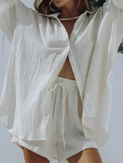 Hot Cotton Blends Pockets Drawstring Shorts Set Shorts Sets|Long Sleeve Sets