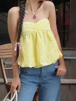 Outlet Cotton Blends Shirred Bubble Blouse Tops
