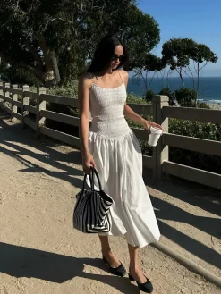 Best Cotton Blends Shirred Cami Midi Dress White Dresses|Casual Dresses