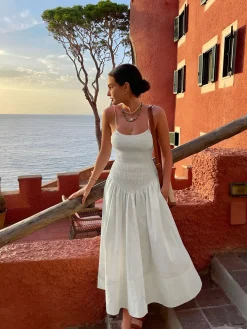 Best Cotton Blends Shirred Cami Midi Dress White Dresses|Casual Dresses