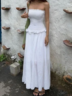 Best Cotton Blends Shirred Tube Long Dress White Dresses|Black Dresses