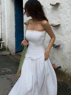 Best Cotton Blends Shirred Tube Long Dress White Dresses|Black Dresses