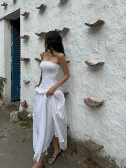 Best Cotton Blends Shirred Tube Long Dress White Dresses|Black Dresses