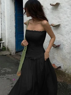 Best Cotton Blends Shirred Tube Long Dress White Dresses|Black Dresses