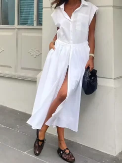 New Cotton Blends Sleeveless Split Midi Dress White Dresses|Casual Dresses