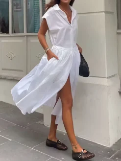 New Cotton Blends Sleeveless Split Midi Dress White Dresses|Casual Dresses