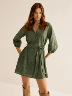 Discount Cotton Boheme Embroidery Belted Dress Vacation Dresses|Short Dresses