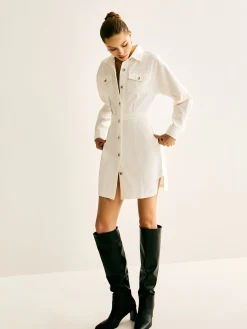 Sale Cotton Breasted Cinched Dress White Dresses|Casual Dresses