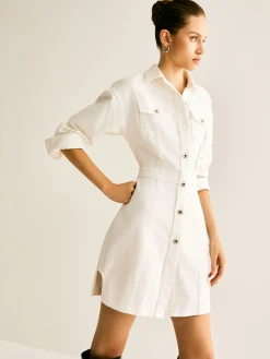 Sale Cotton Breasted Cinched Dress White Dresses|Casual Dresses
